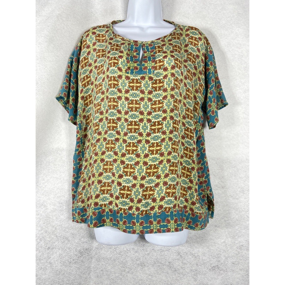 Sundance Top Women's‎ Small Brown Blue Short Sleeve Floral 100% Silk